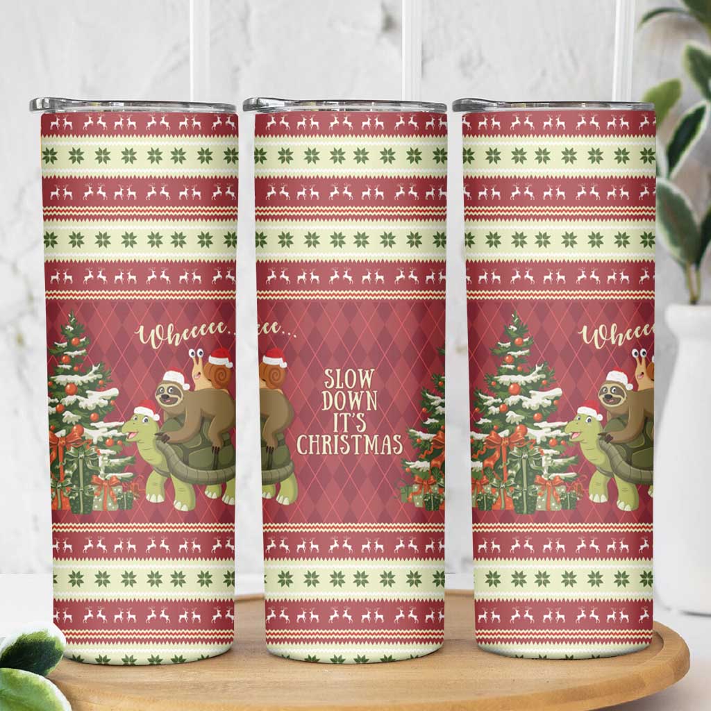 Sloth And Snail Riding A Turtle Wheeee Skinny Tumbler Slow Down It's Christmas - Wonder Print Shop