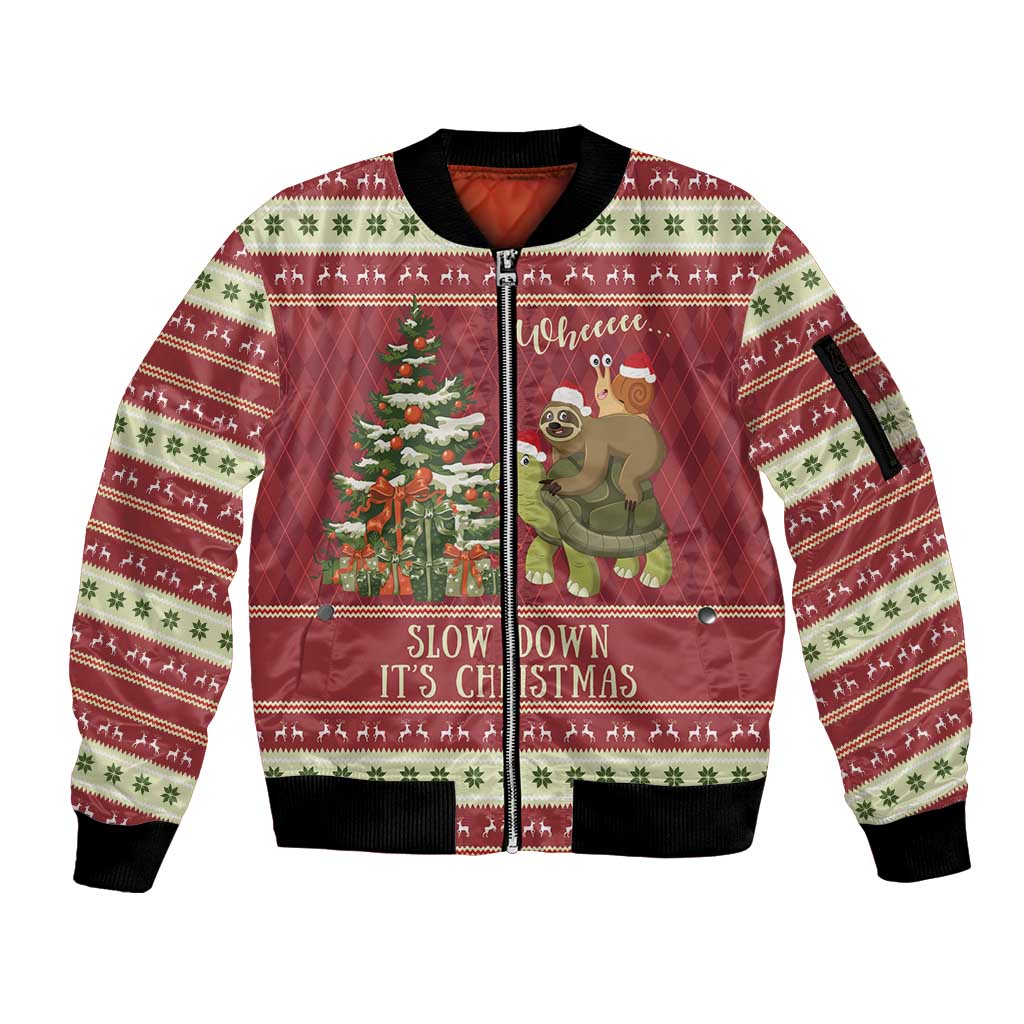 Sloth And Snail Riding A Turtle Wheeee Sleeve Zip Bomber Jacket Slow Down It's Christmas - Wonder Print Shop