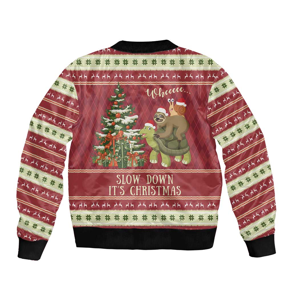 Sloth And Snail Riding A Turtle Wheeee Sleeve Zip Bomber Jacket Slow Down It's Christmas - Wonder Print Shop