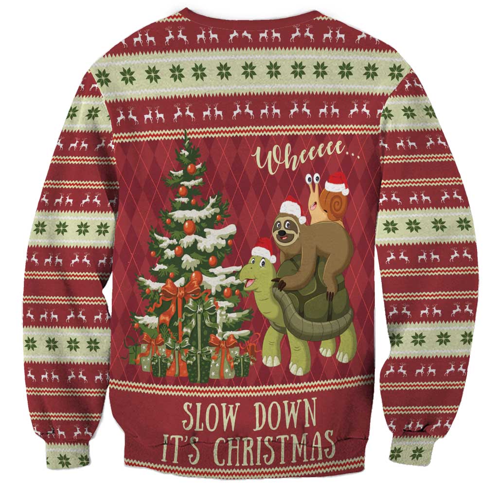 Sloth And Snail Riding A Turtle Wheeee Sweatshirt Slow Down It's Christmas - Wonder Print Shop