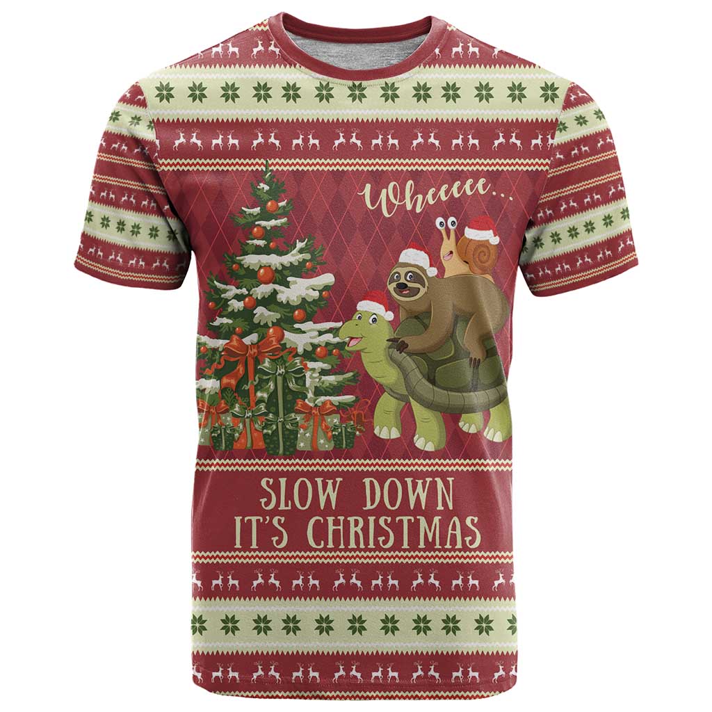 Sloth And Snail Riding A Turtle Wheeee T Shirt Slow Down It's Christmas - Wonder Print Shop