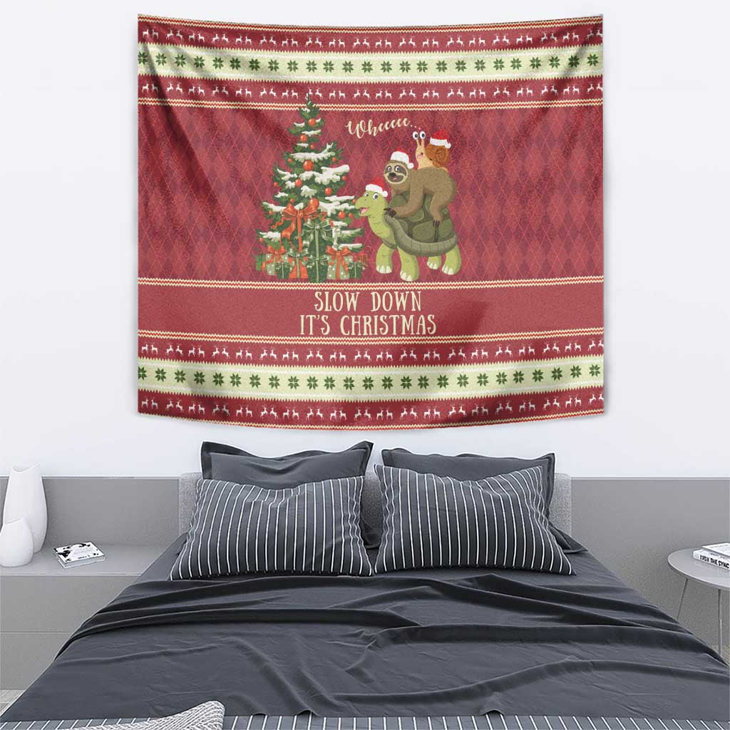 Sloth And Snail Riding A Turtle Wheeee Tapestry Slow Down It's Christmas - Wonder Print Shop
