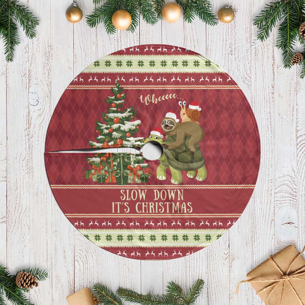 Sloth And Snail Riding A Turtle Wheeee Tree Skirt Slow Down It's Christmas - Wonder Print Shop