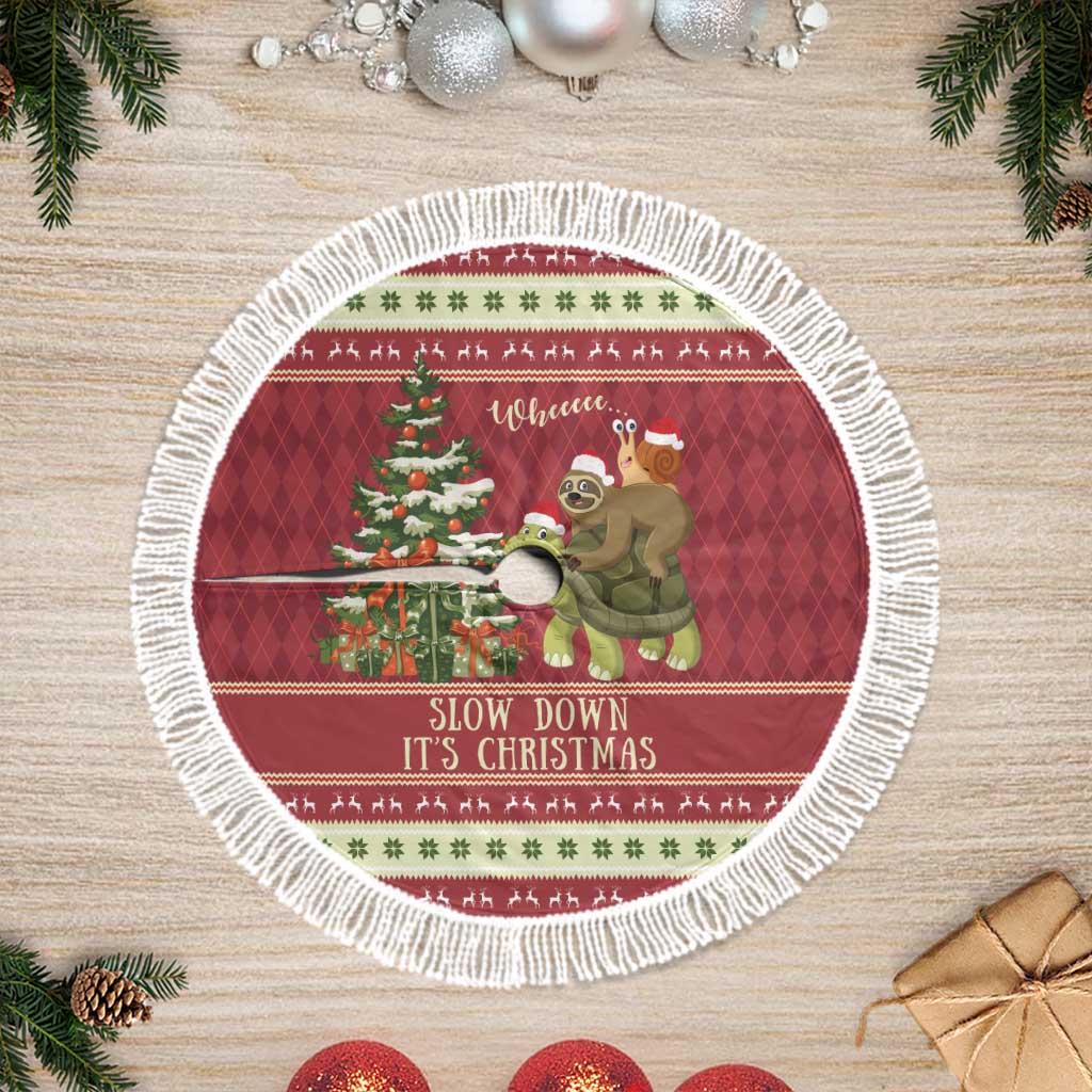 Sloth And Snail Riding A Turtle Wheeee Tree Skirt Slow Down It's Christmas - Wonder Print Shop