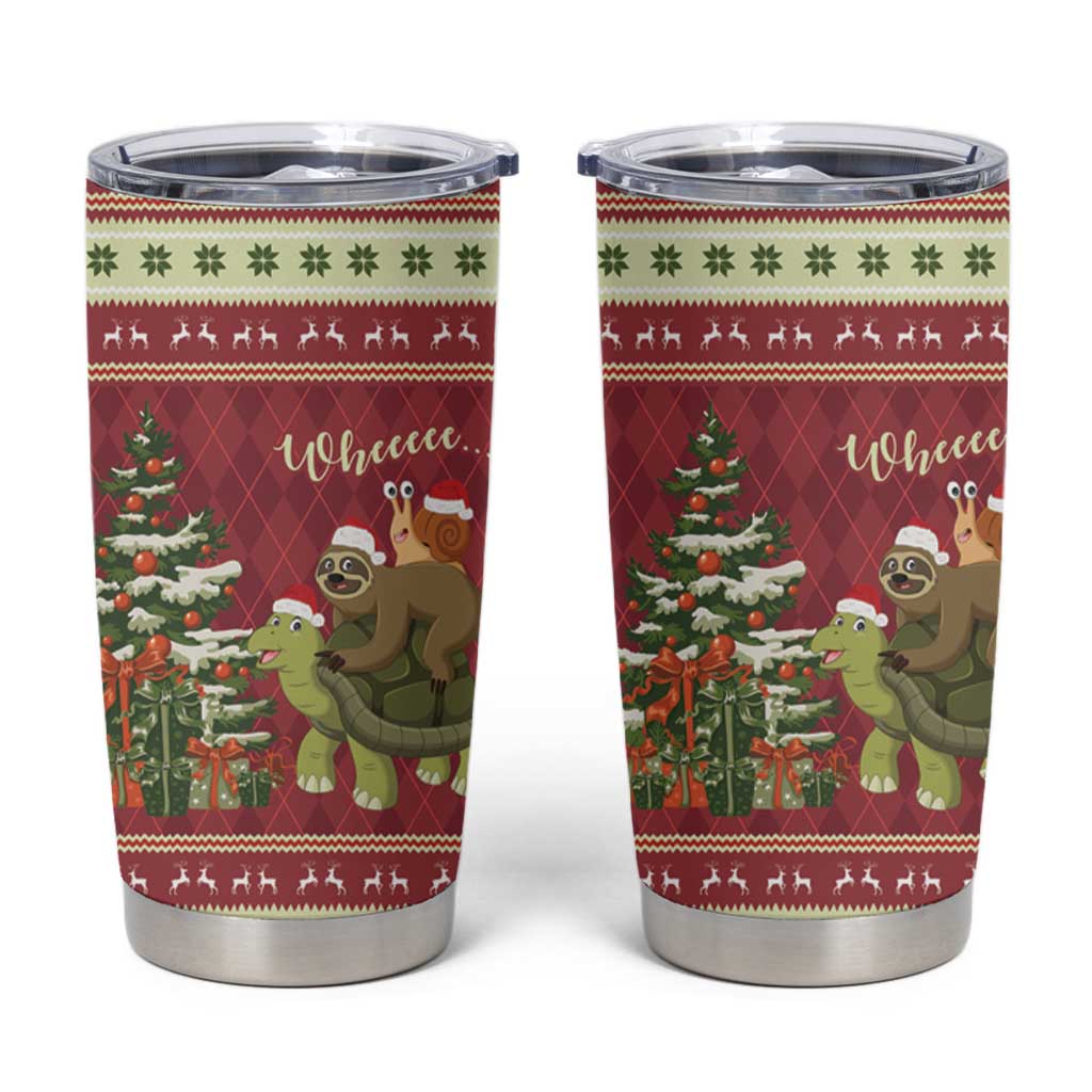 Sloth And Snail Riding A Turtle Wheeee Tumbler Cup Slow Down It's Christmas - Wonder Print Shop