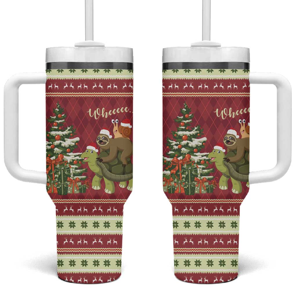 Sloth And Snail Riding A Turtle Wheeee Tumbler With Handle Slow Down It's Christmas - Wonder Print Shop