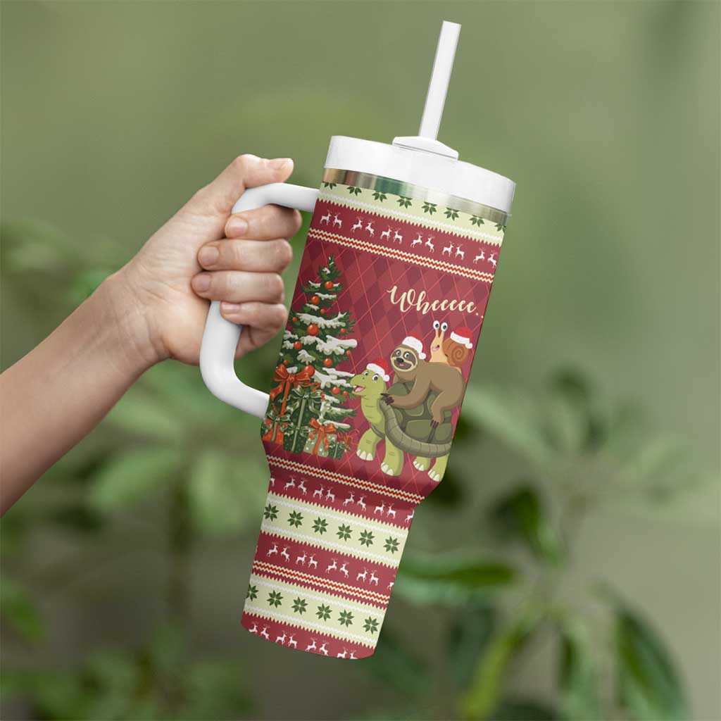 Sloth And Snail Riding A Turtle Wheeee Tumbler With Handle Slow Down It's Christmas - Wonder Print Shop