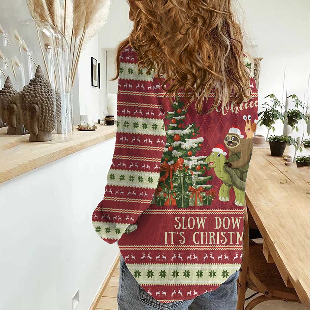 Sloth And Snail Riding A Turtle Wheeee Women Casual Shirt Slow Down It's Christmas - Wonder Print Shop