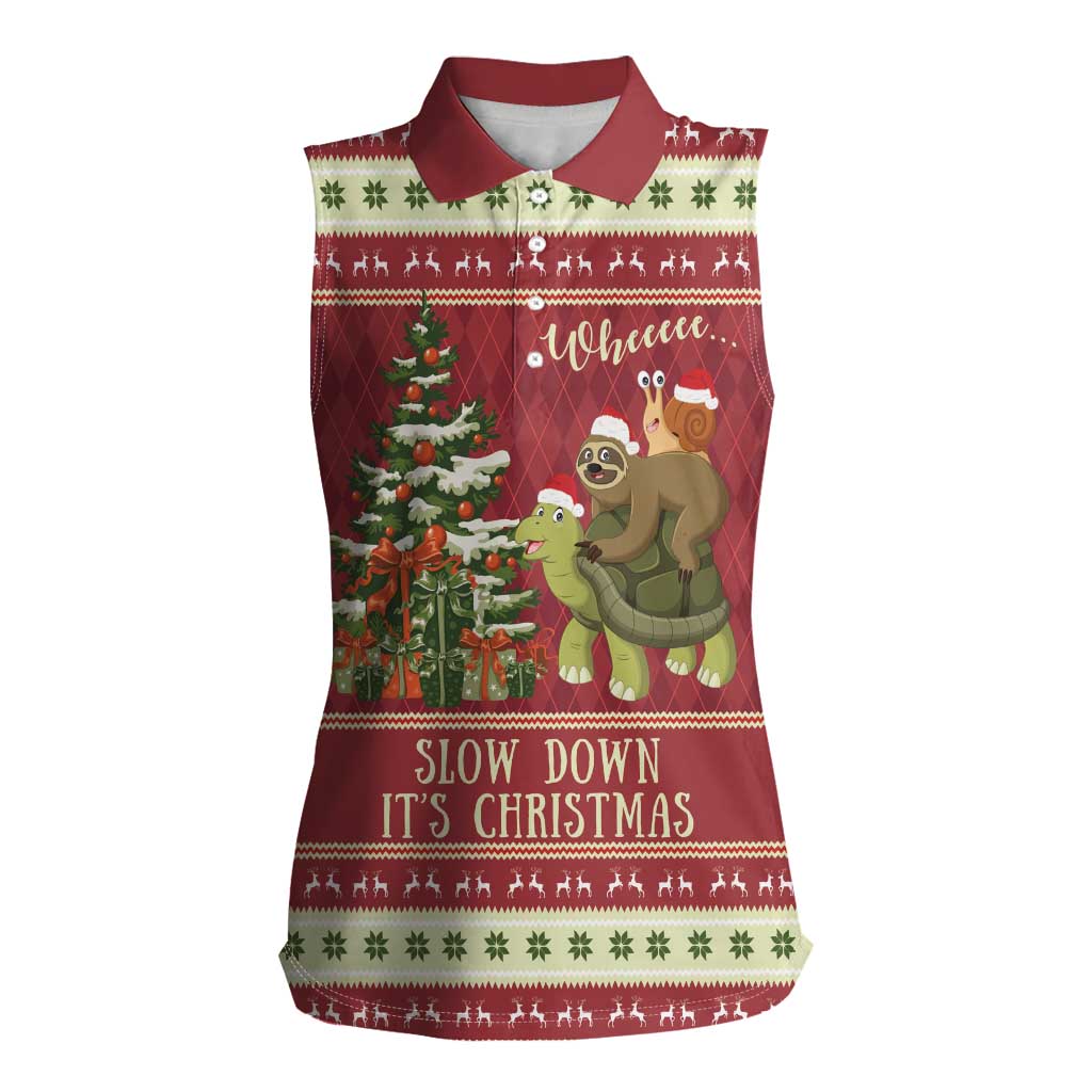 Sloth And Snail Riding A Turtle Wheeee Women Sleeveless Polo Shirt Slow Down It's Christmas - Wonder Print Shop