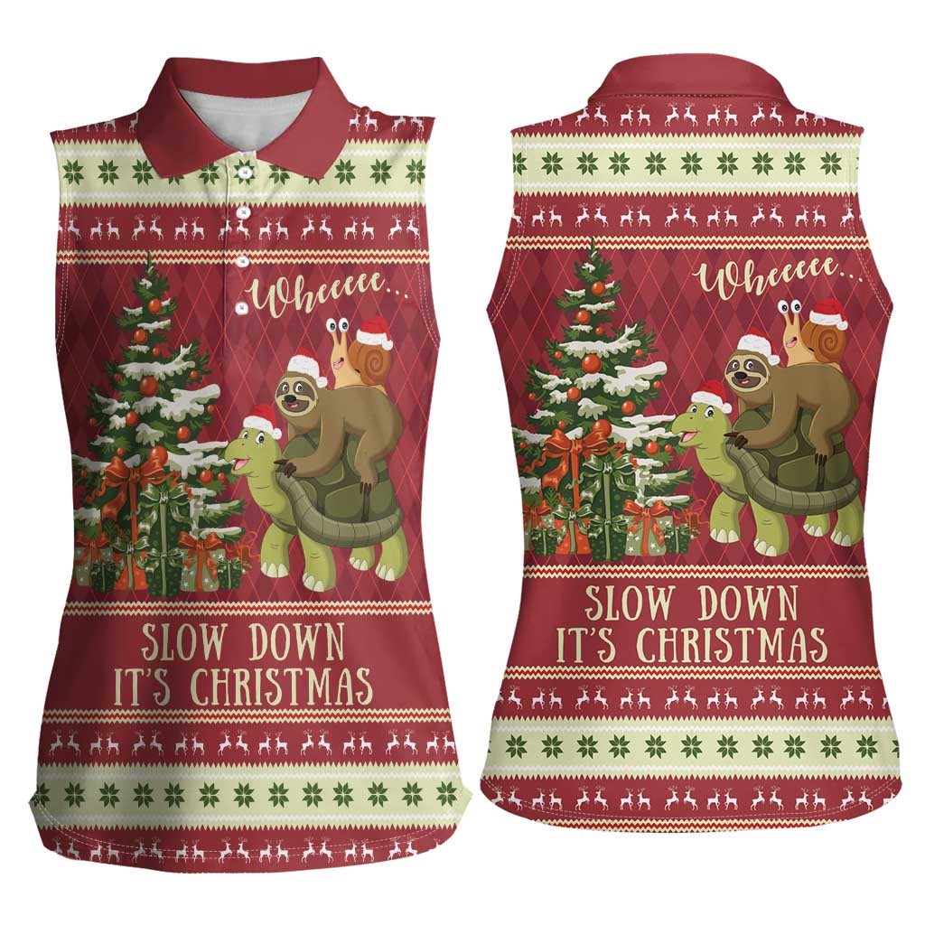 Sloth And Snail Riding A Turtle Wheeee Women Sleeveless Polo Shirt Slow Down It's Christmas - Wonder Print Shop