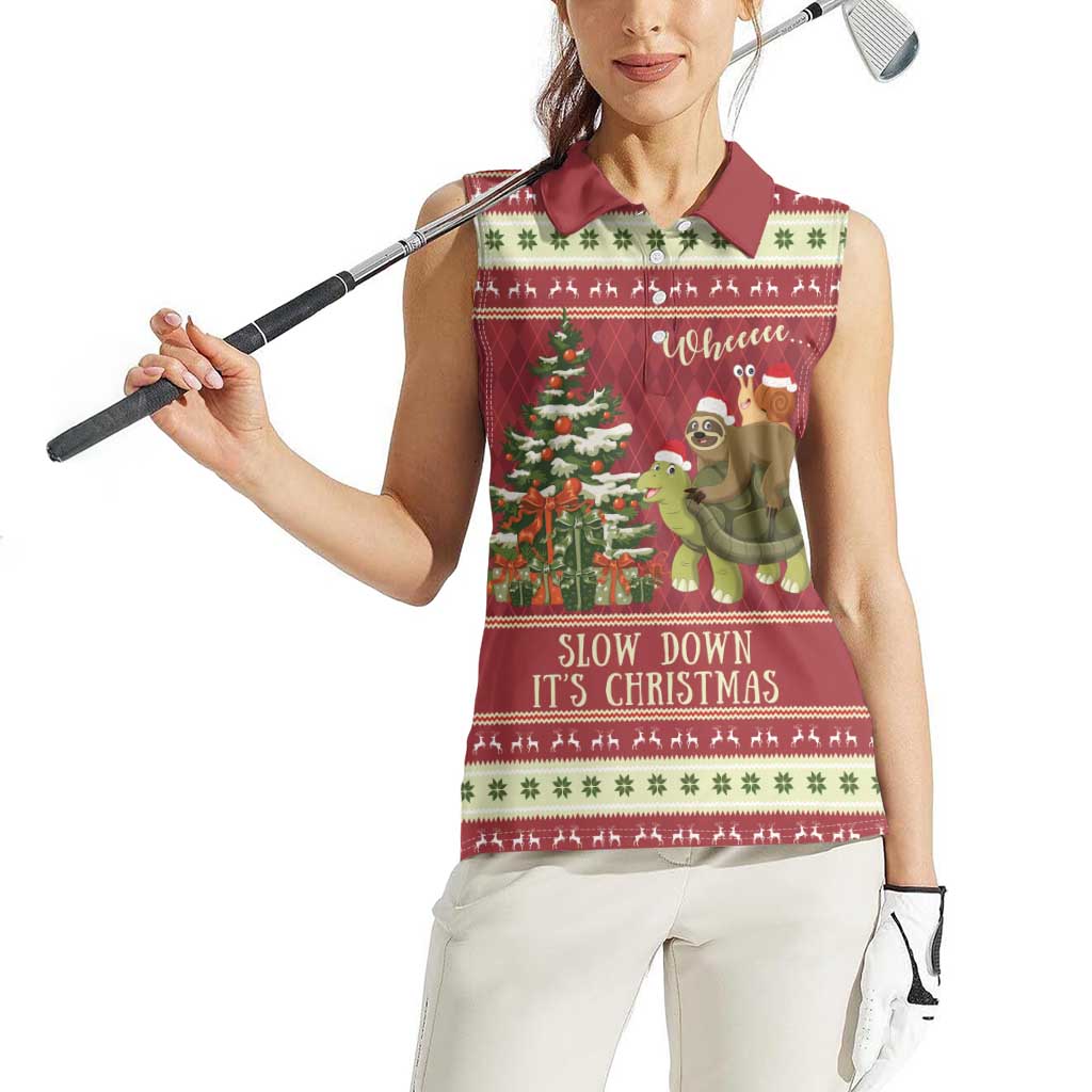 Sloth And Snail Riding A Turtle Wheeee Women Sleeveless Polo Shirt Slow Down It's Christmas - Wonder Print Shop