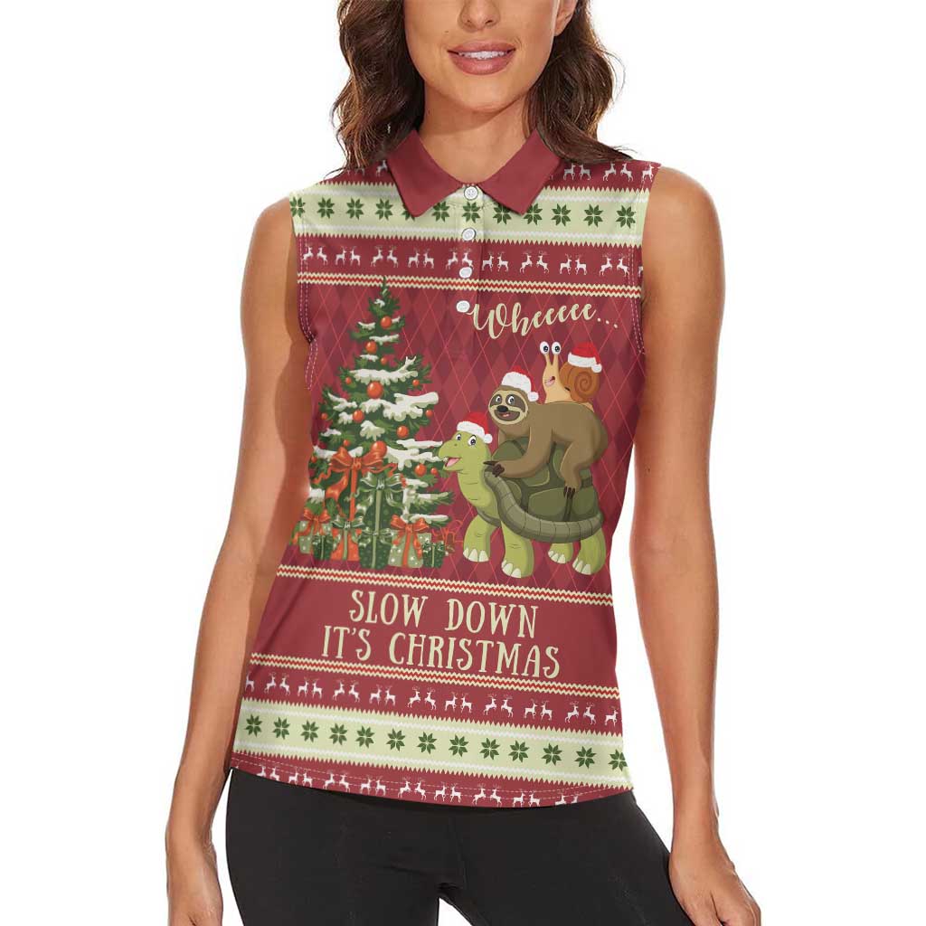 Sloth And Snail Riding A Turtle Wheeee Women Sleeveless Polo Shirt Slow Down It's Christmas - Wonder Print Shop