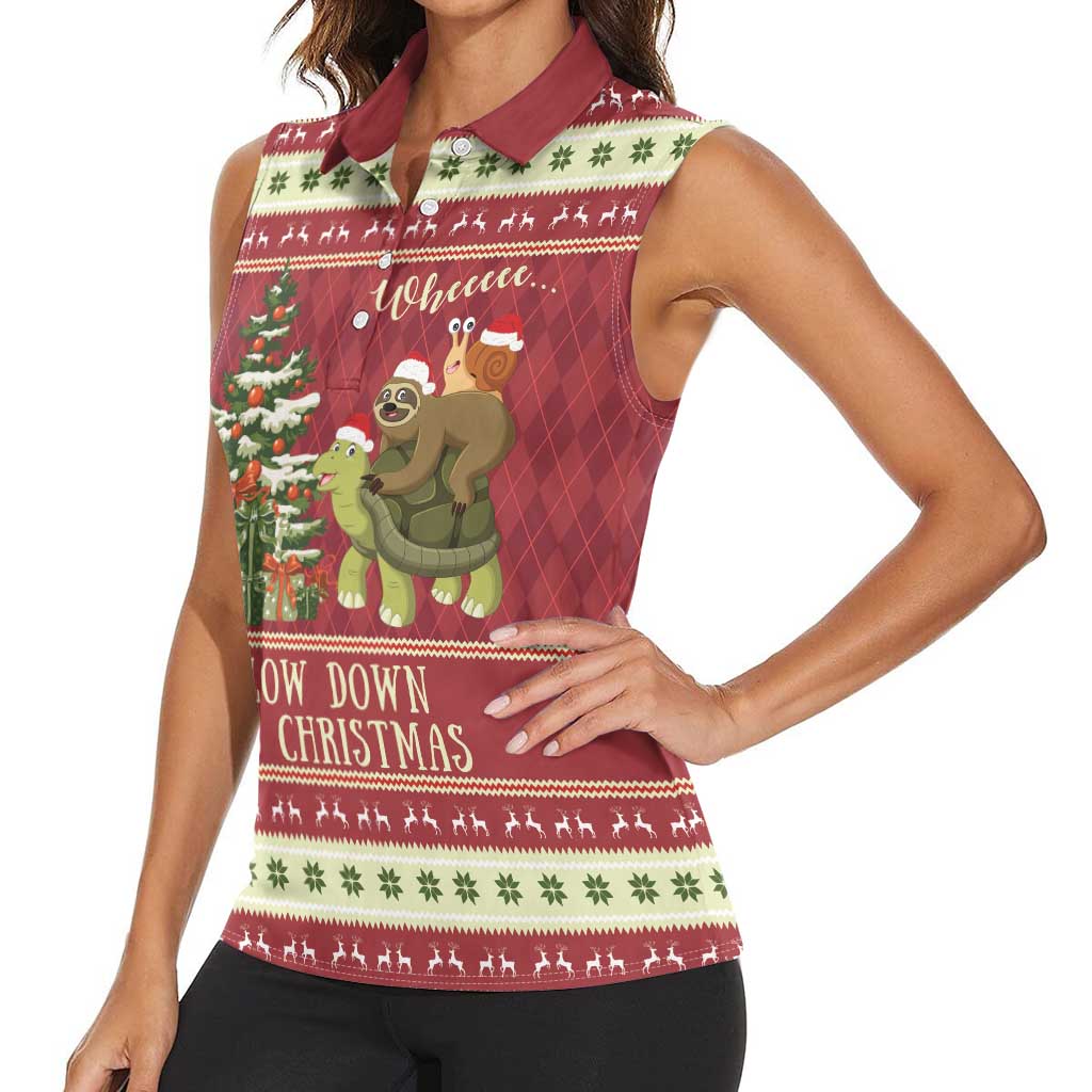 Sloth And Snail Riding A Turtle Wheeee Women Sleeveless Polo Shirt Slow Down It's Christmas - Wonder Print Shop