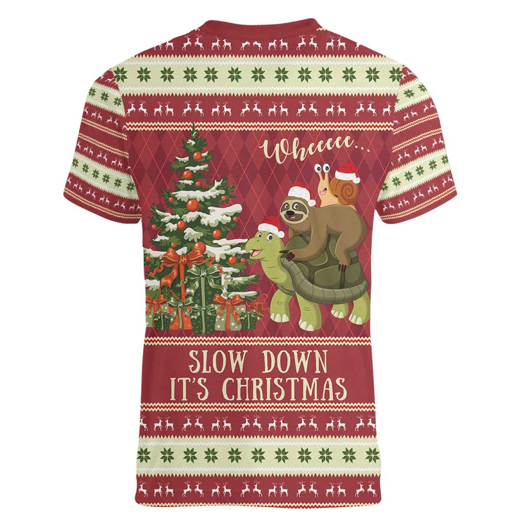 Sloth And Snail Riding A Turtle Wheeee Women V-Neck T-Shirt Slow Down It's Christmas - Wonder Print Shop