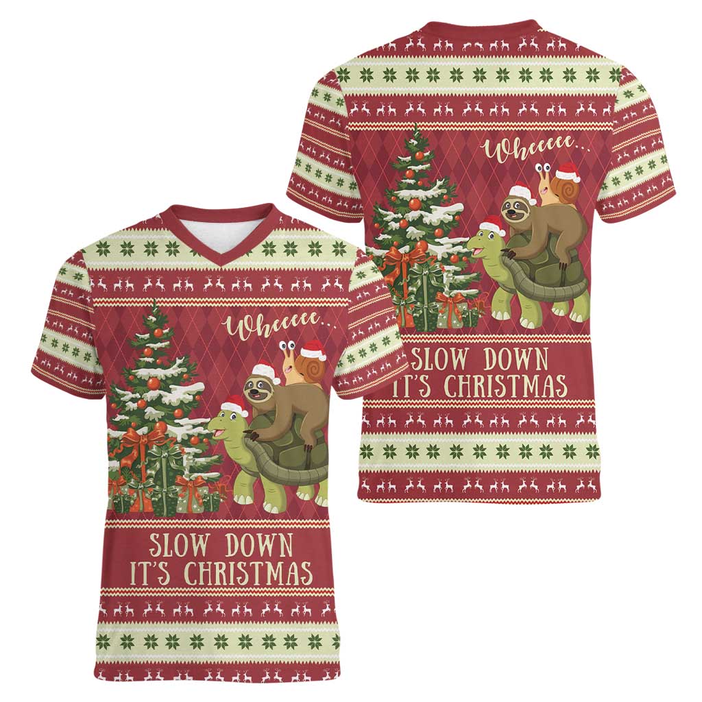 Sloth And Snail Riding A Turtle Wheeee Women V-Neck T-Shirt Slow Down It's Christmas - Wonder Print Shop