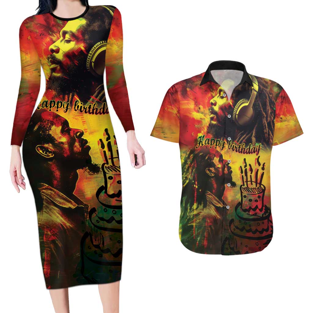 Happy Birthday King of Reggae Couples Matching Long Sleeve Bodycon Dress and Hawaiian Shirt LT9 - Wonder Print Shop