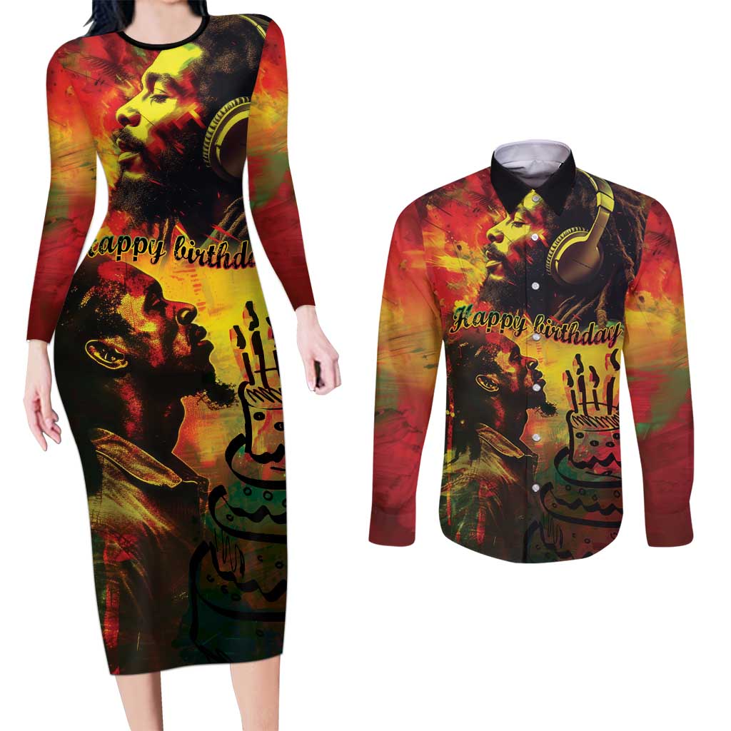 Happy Birthday King of Reggae Couples Matching Long Sleeve Bodycon Dress and Long Sleeve Button Shirt LT9 - Wonder Print Shop