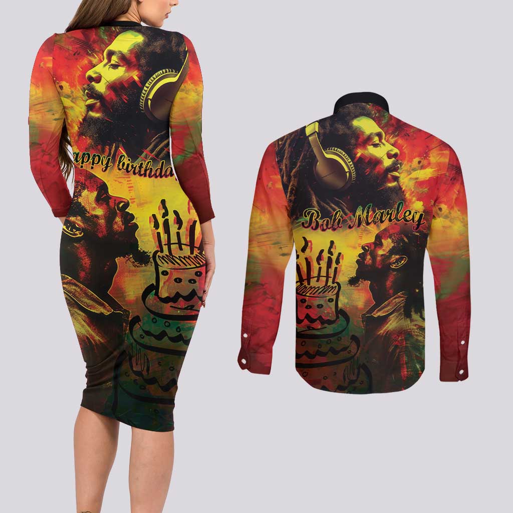 Happy Birthday King of Reggae Couples Matching Long Sleeve Bodycon Dress and Long Sleeve Button Shirt LT9 - Wonder Print Shop