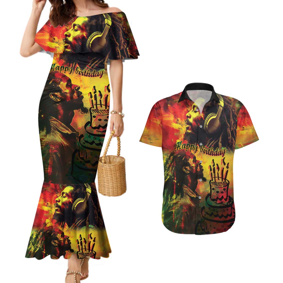 Happy Birthday King of Reggae Couples Matching Mermaid Dress and Hawaiian Shirt LT9 - Wonder Print Shop