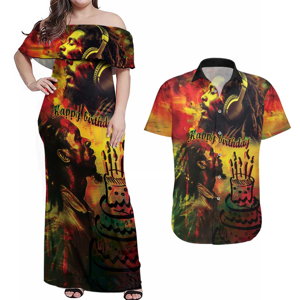 Happy Birthday King of Reggae Couples Matching Off Shoulder Maxi Dress and Hawaiian Shirt LT9 - Wonder Print Shop