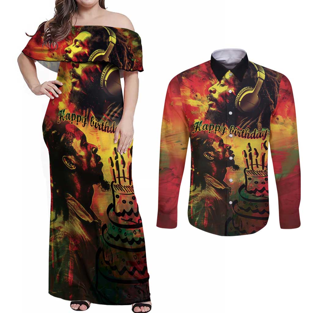 Happy Birthday King of Reggae Couples Matching Off Shoulder Maxi Dress and Long Sleeve Button Shirt LT9 - Wonder Print Shop
