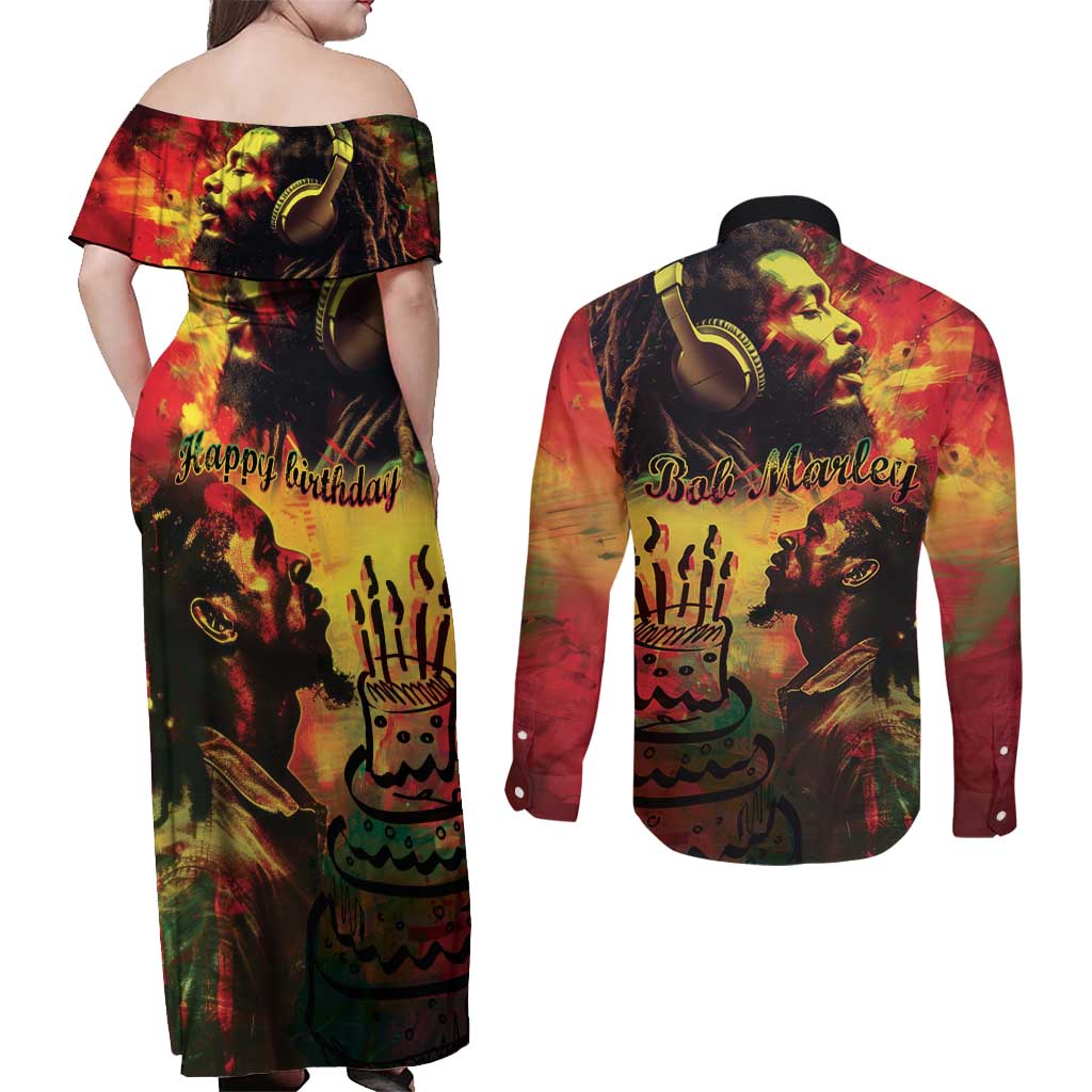 Happy Birthday King of Reggae Couples Matching Off Shoulder Maxi Dress and Long Sleeve Button Shirt LT9 - Wonder Print Shop