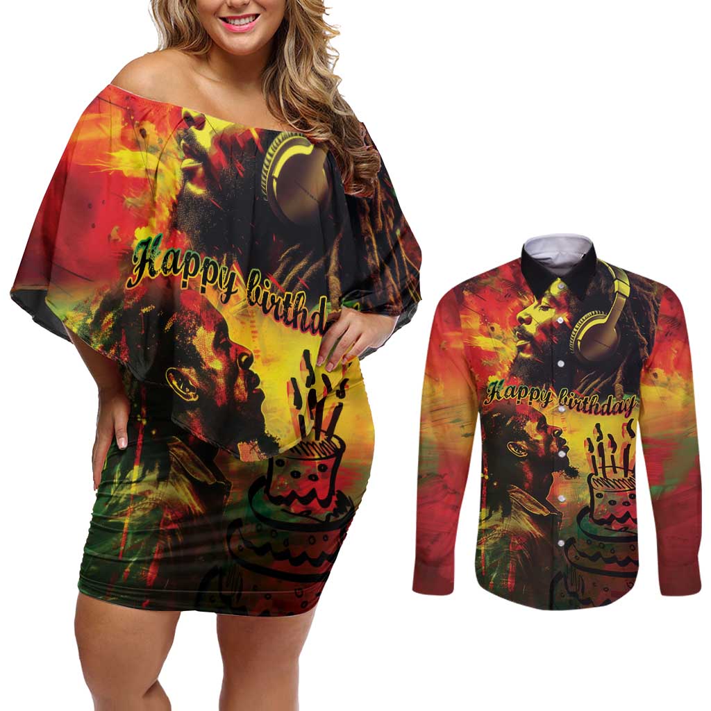 Happy Birthday King of Reggae Couples Matching Off Shoulder Short Dress and Long Sleeve Button Shirt LT9 - Wonder Print Shop