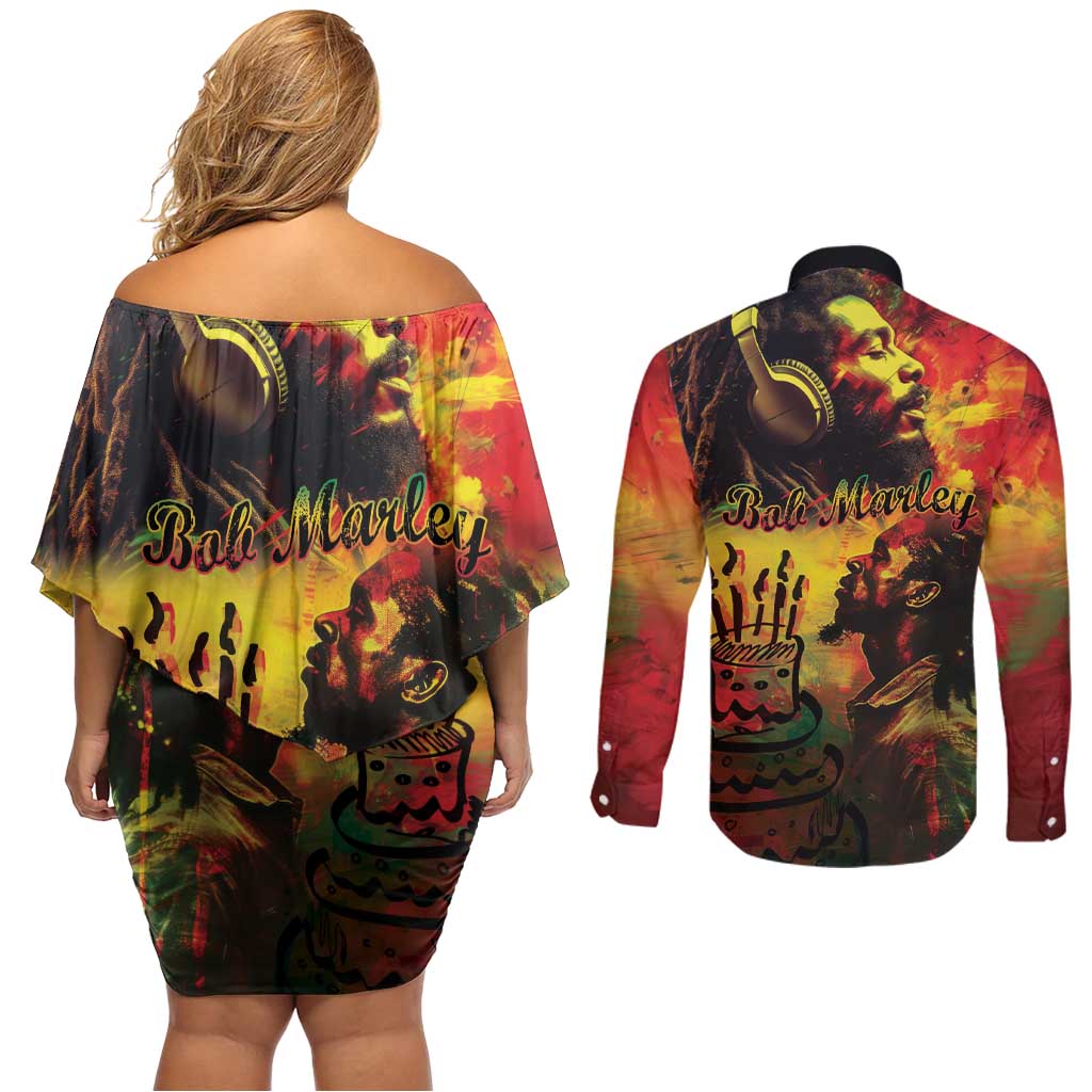 Happy Birthday King of Reggae Couples Matching Off Shoulder Short Dress and Long Sleeve Button Shirt LT9 - Wonder Print Shop