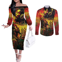 Happy Birthday King of Reggae Couples Matching Off The Shoulder Long Sleeve Dress and Long Sleeve Button Shirt