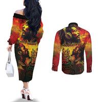 Happy Birthday King of Reggae Couples Matching Off The Shoulder Long Sleeve Dress and Long Sleeve Button Shirt