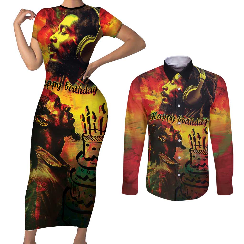 Happy Birthday King of Reggae Couples Matching Short Sleeve Bodycon Dress and Long Sleeve Button Shirt LT9 - Wonder Print Shop