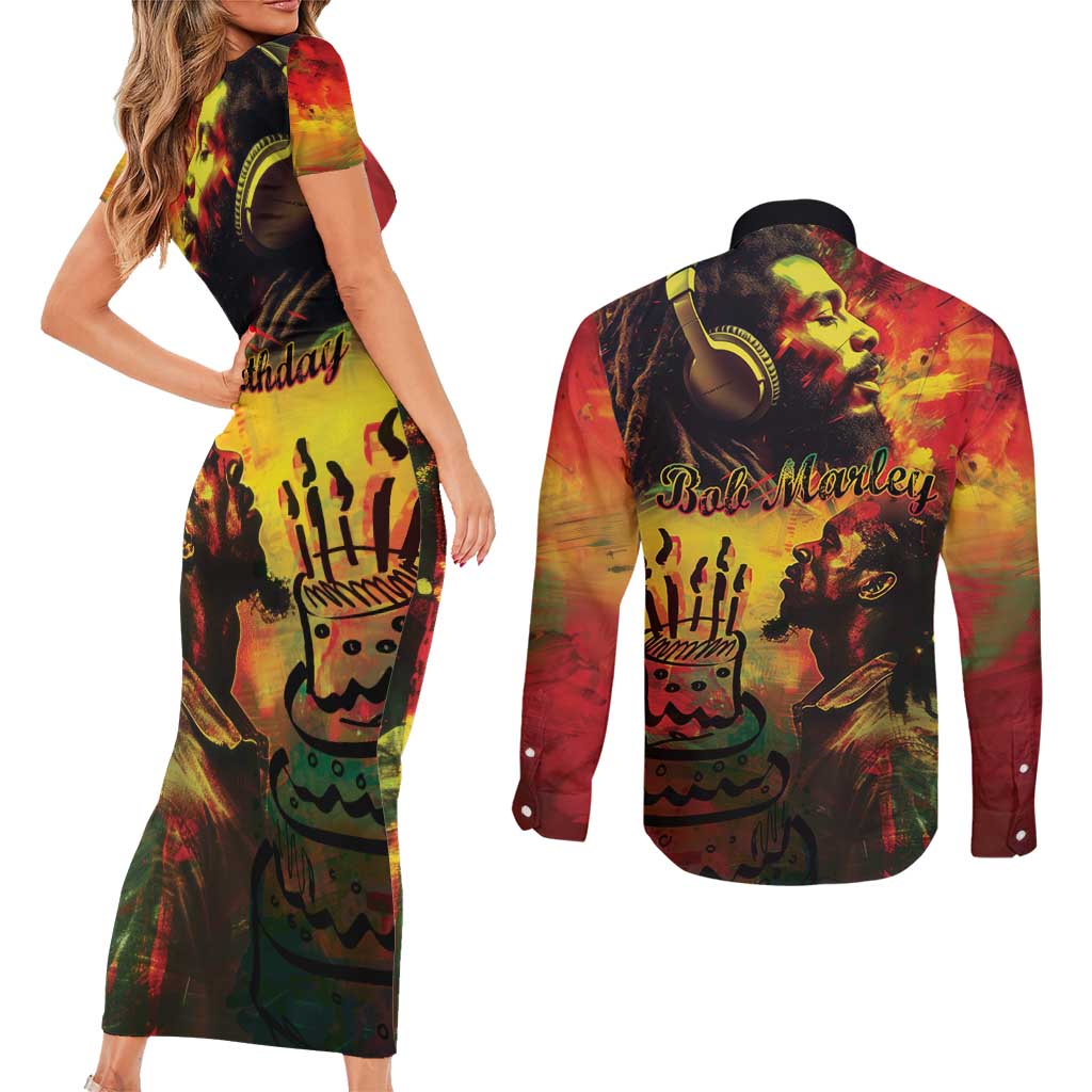 Happy Birthday King of Reggae Couples Matching Short Sleeve Bodycon Dress and Long Sleeve Button Shirt LT9 - Wonder Print Shop