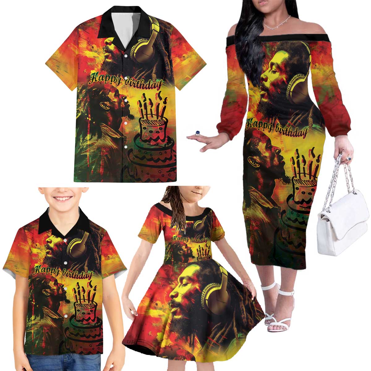 Happy Birthday King of Reggae Family Matching Off The Shoulder Long Sleeve Dress and Hawaiian Shirt - Wonder Print Shop