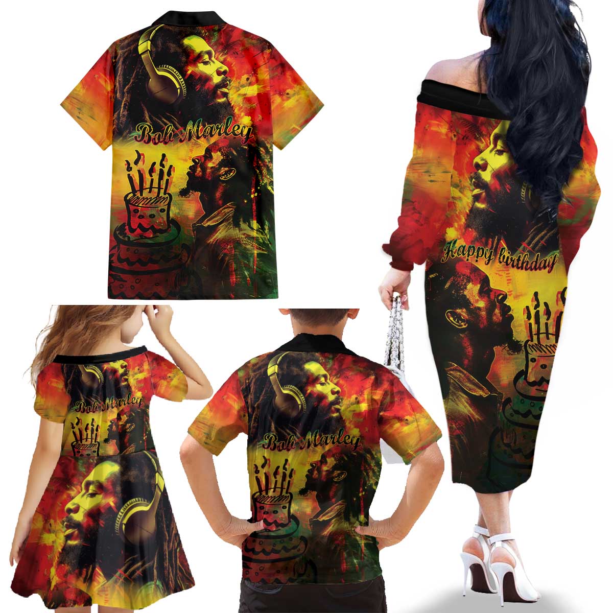 Happy Birthday King of Reggae Family Matching Off The Shoulder Long Sleeve Dress and Hawaiian Shirt - Wonder Print Shop