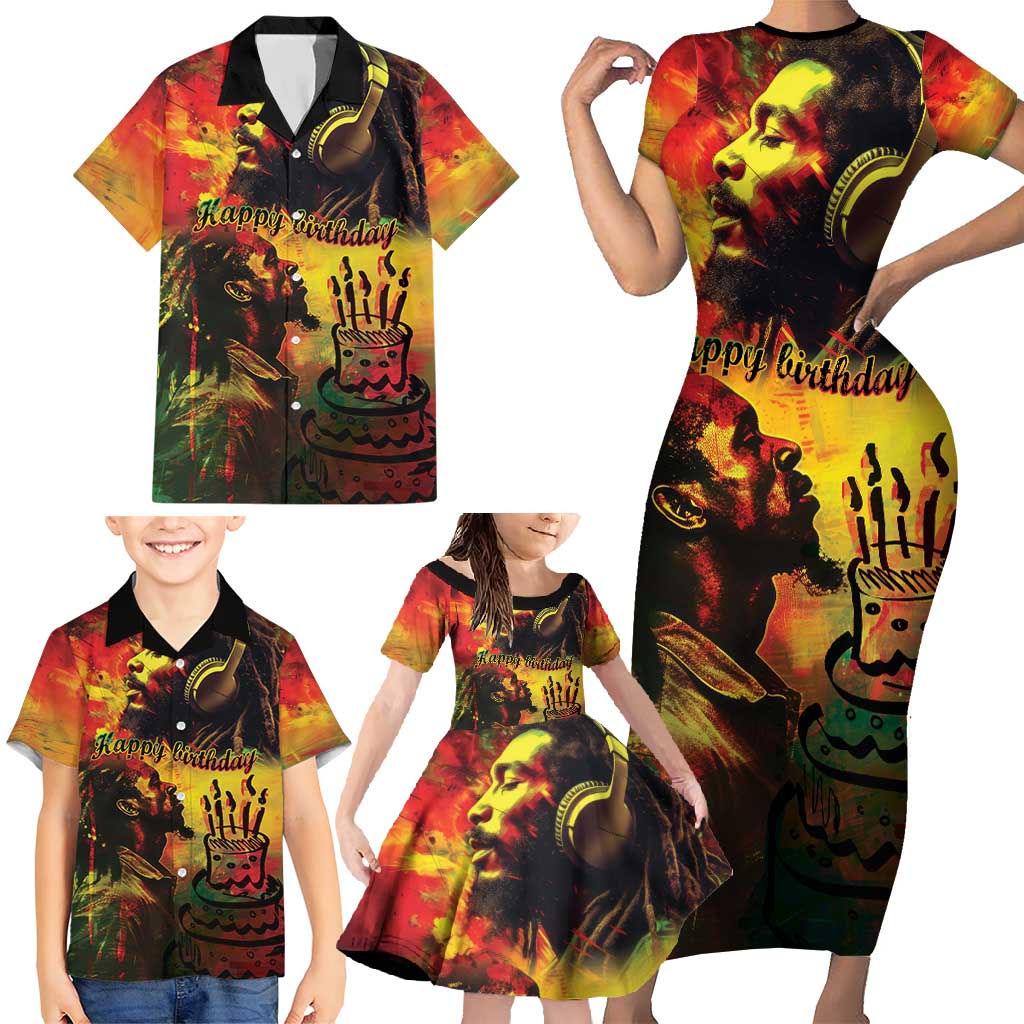Happy Birthday King of Reggae Family Matching Short Sleeve Bodycon Dress and Hawaiian Shirt - Wonder Print Shop