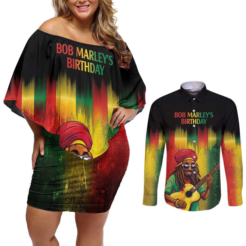 Honoring Reggae Legend Bob Birthday Couples Matching Off Shoulder Short Dress and Long Sleeve Button Shirt LT9 - Wonder Print Shop
