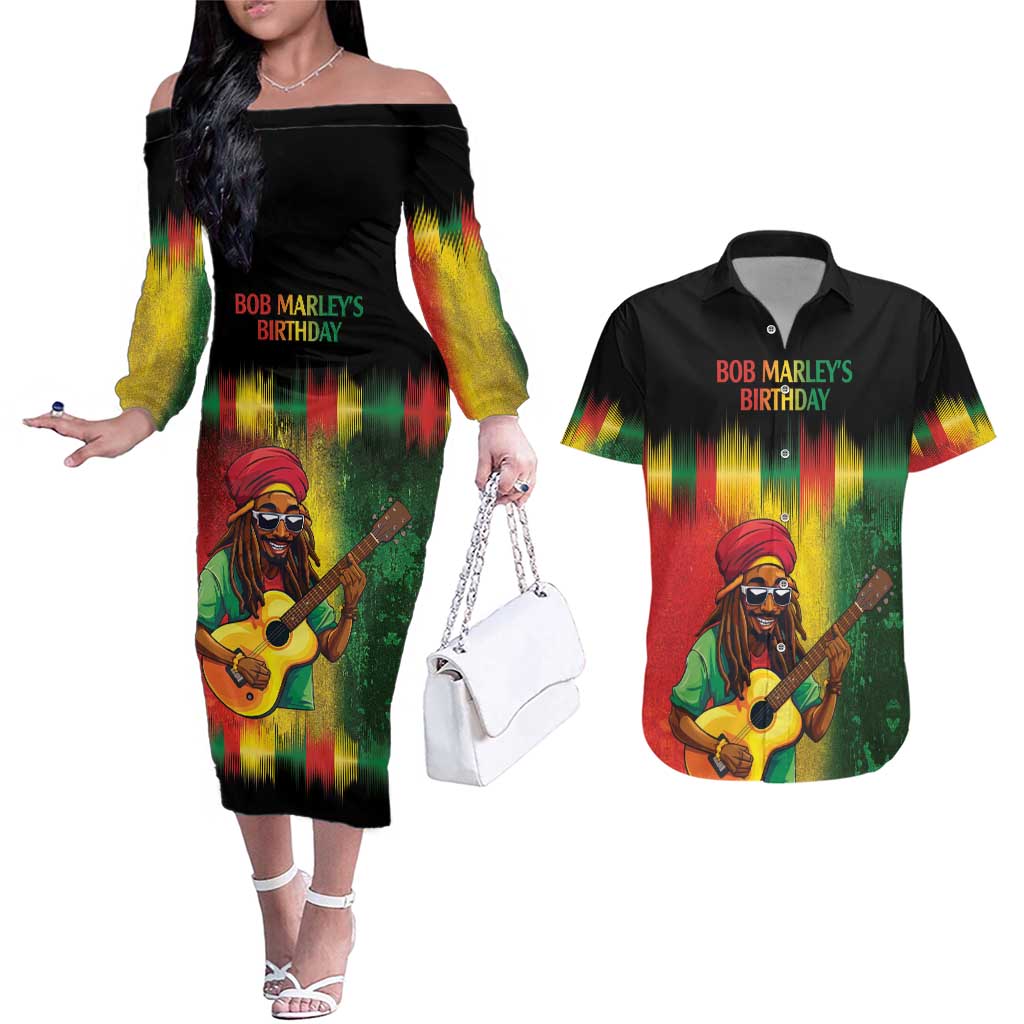 Honoring Reggae Legend Bob Birthday Couples Matching Off The Shoulder Long Sleeve Dress and Hawaiian Shirt LT9 - Wonder Print Shop