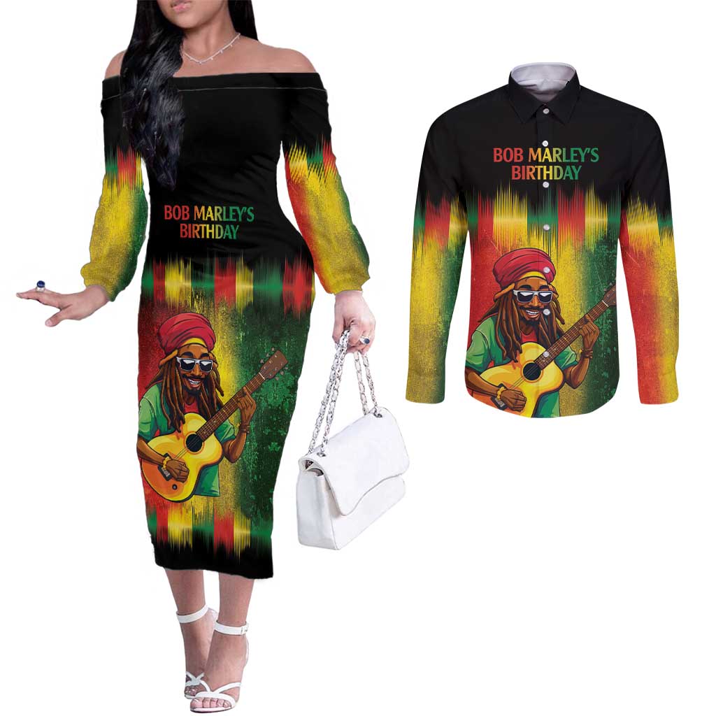 Honoring Reggae Legend Bob Birthday Couples Matching Off The Shoulder Long Sleeve Dress and Long Sleeve Button Shirt