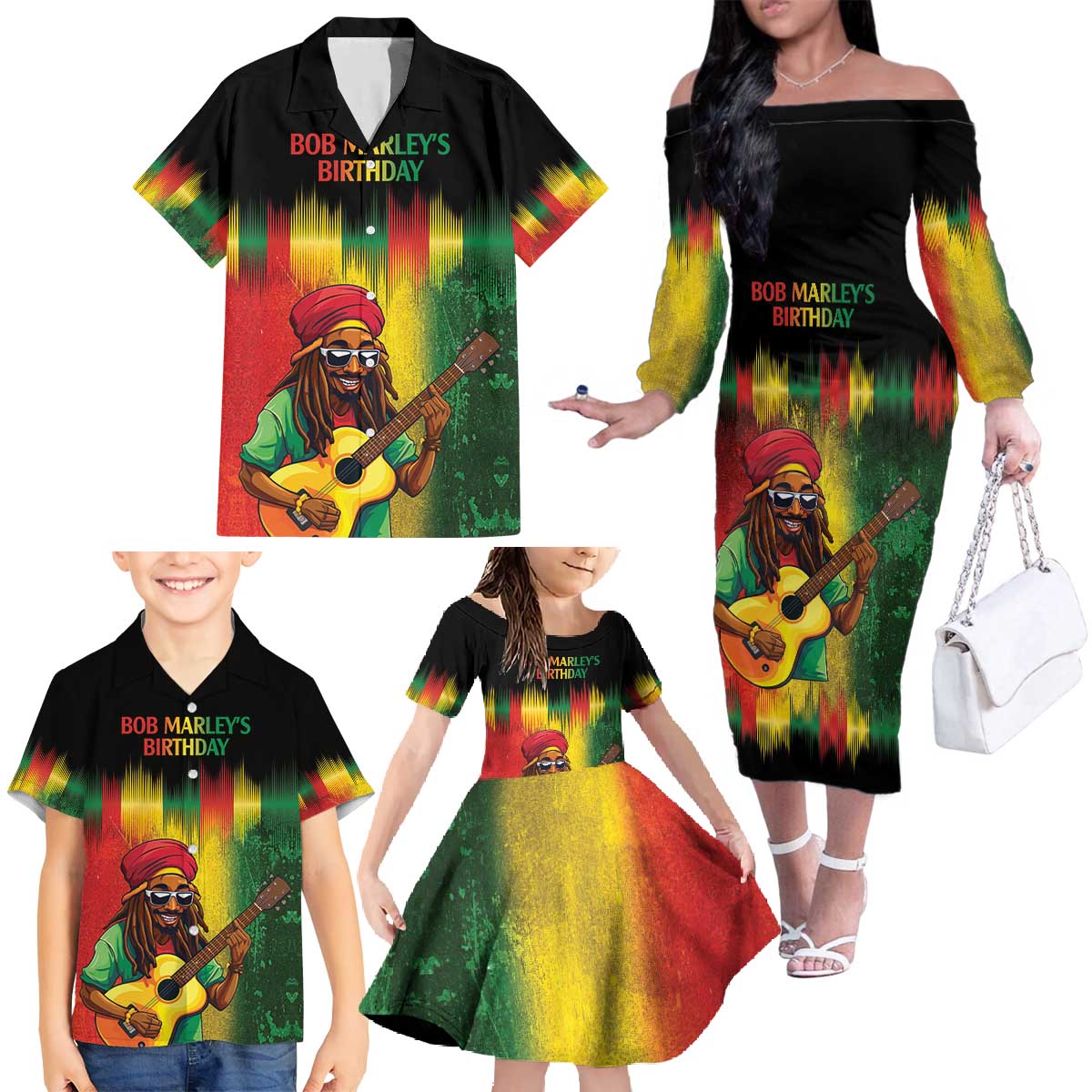 Honoring Reggae Legend Bob Birthday Family Matching Off The Shoulder Long Sleeve Dress and Hawaiian Shirt - Wonder Print Shop