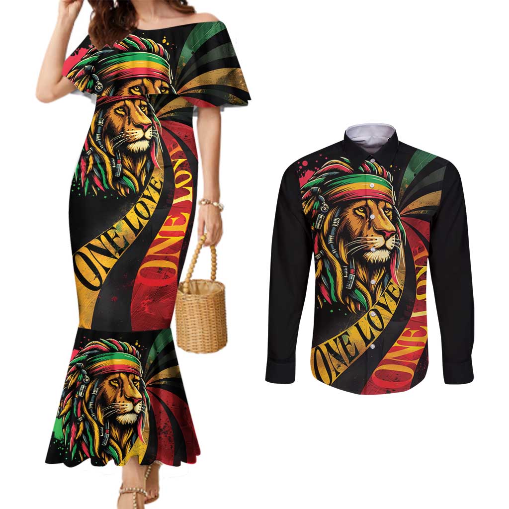 Jamaica Rastafarian Lion One Love Couples Matching Mermaid Dress and Long Sleeve Button Shirt LT9