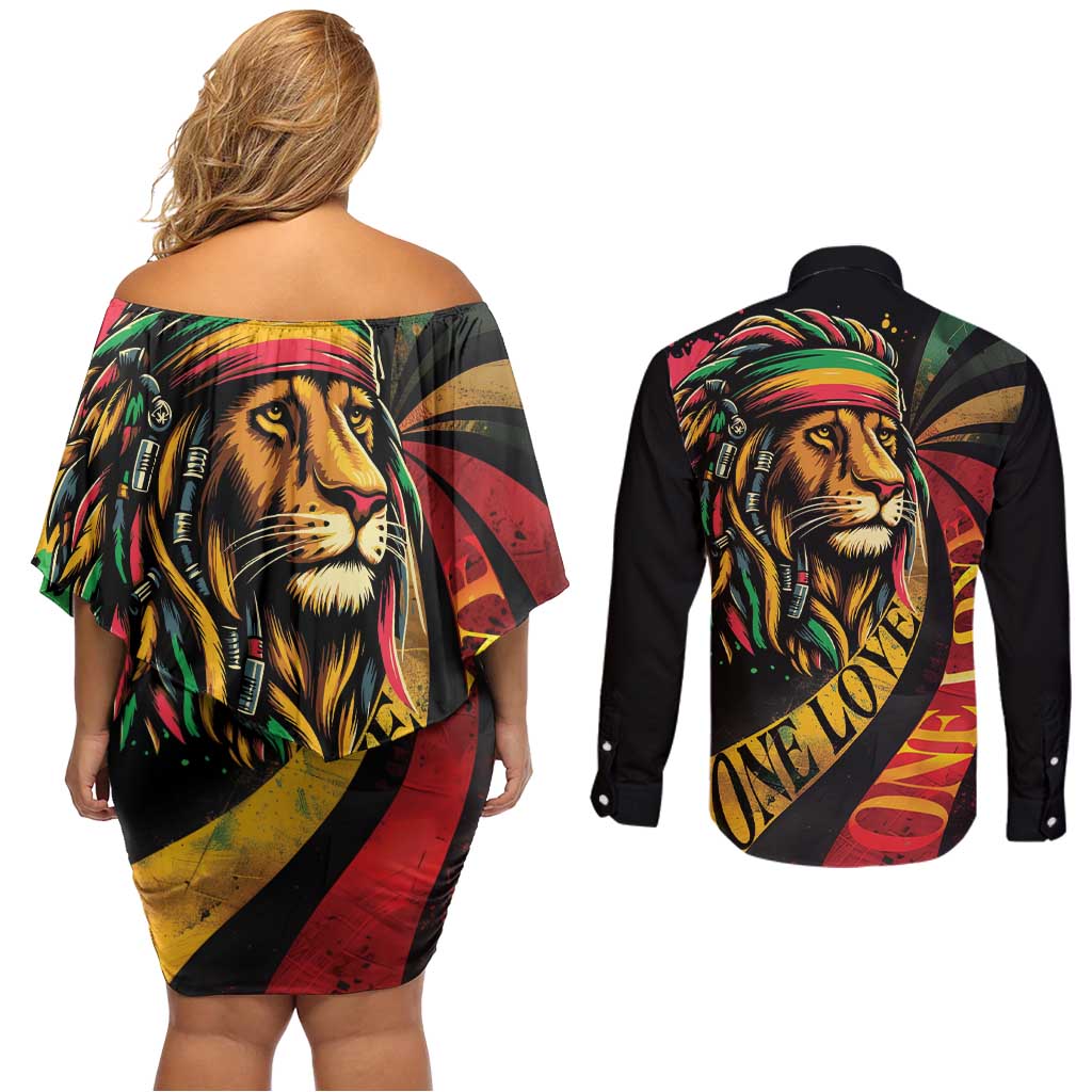 Jamaica Rastafarian Lion One Love Couples Matching Off Shoulder Short Dress and Long Sleeve Button Shirt LT9 - Wonder Print Shop
