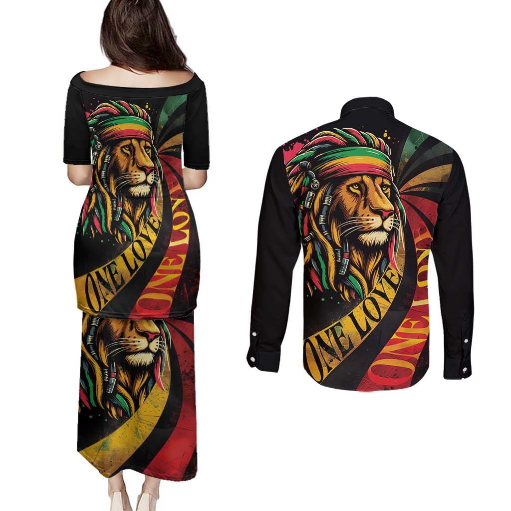 Jamaica Rastafarian Lion One Love Couples Matching Puletasi and Long Sleeve Button Shirt LT9 - Wonder Print Shop