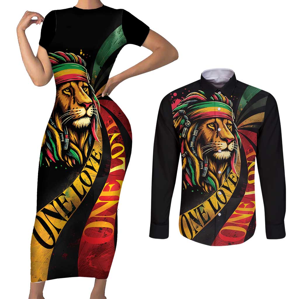 Jamaica Rastafarian Lion One Love Couples Matching Short Sleeve Bodycon Dress and Long Sleeve Button Shirt LT9 - Wonder Print Shop