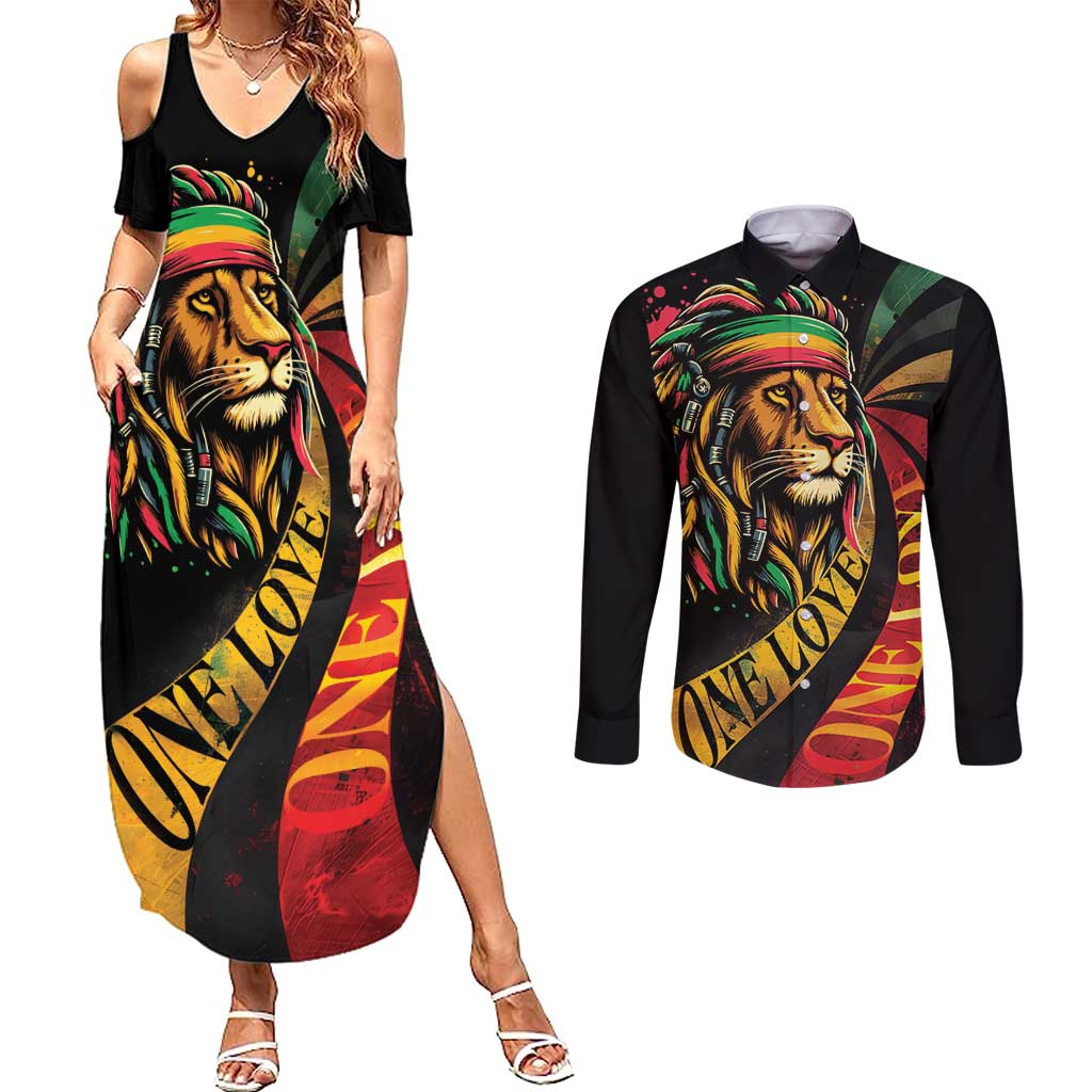 Jamaica Rastafarian Lion One Love Couples Matching Summer Maxi Dress and Long Sleeve Button Shirt LT9 - Wonder Print Shop