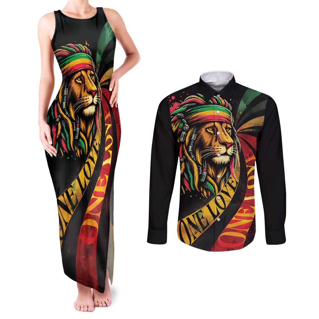 Jamaica Rastafarian Lion One Love Couples Matching Tank Maxi Dress and Long Sleeve Button Shirt LT9 - Wonder Print Shop