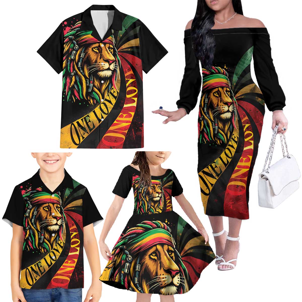 Jamaica Rastafarian Lion One Love Family Matching Off The Shoulder Long Sleeve Dress and Hawaiian Shirt - Wonder Print Shop