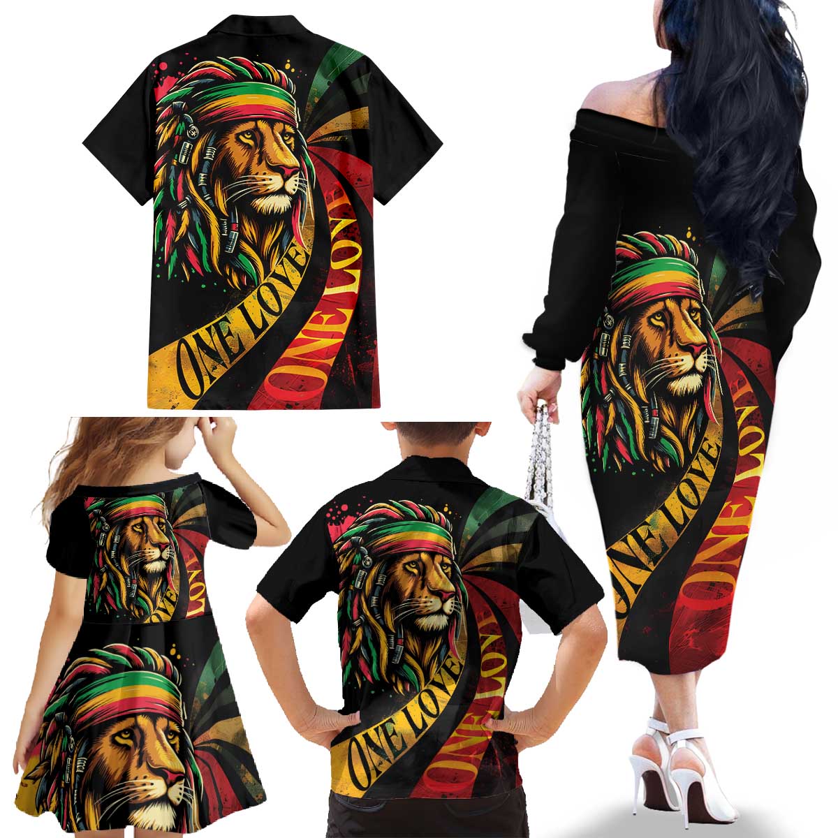 Jamaica Rastafarian Lion One Love Family Matching Off The Shoulder Long Sleeve Dress and Hawaiian Shirt - Wonder Print Shop