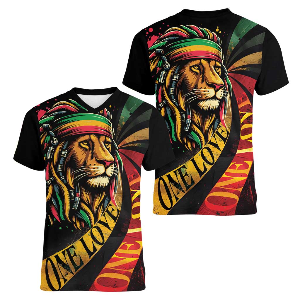 Jamaica Rastafarian Lion One Love Women V-Neck T-Shirt - Wonder Print Shop