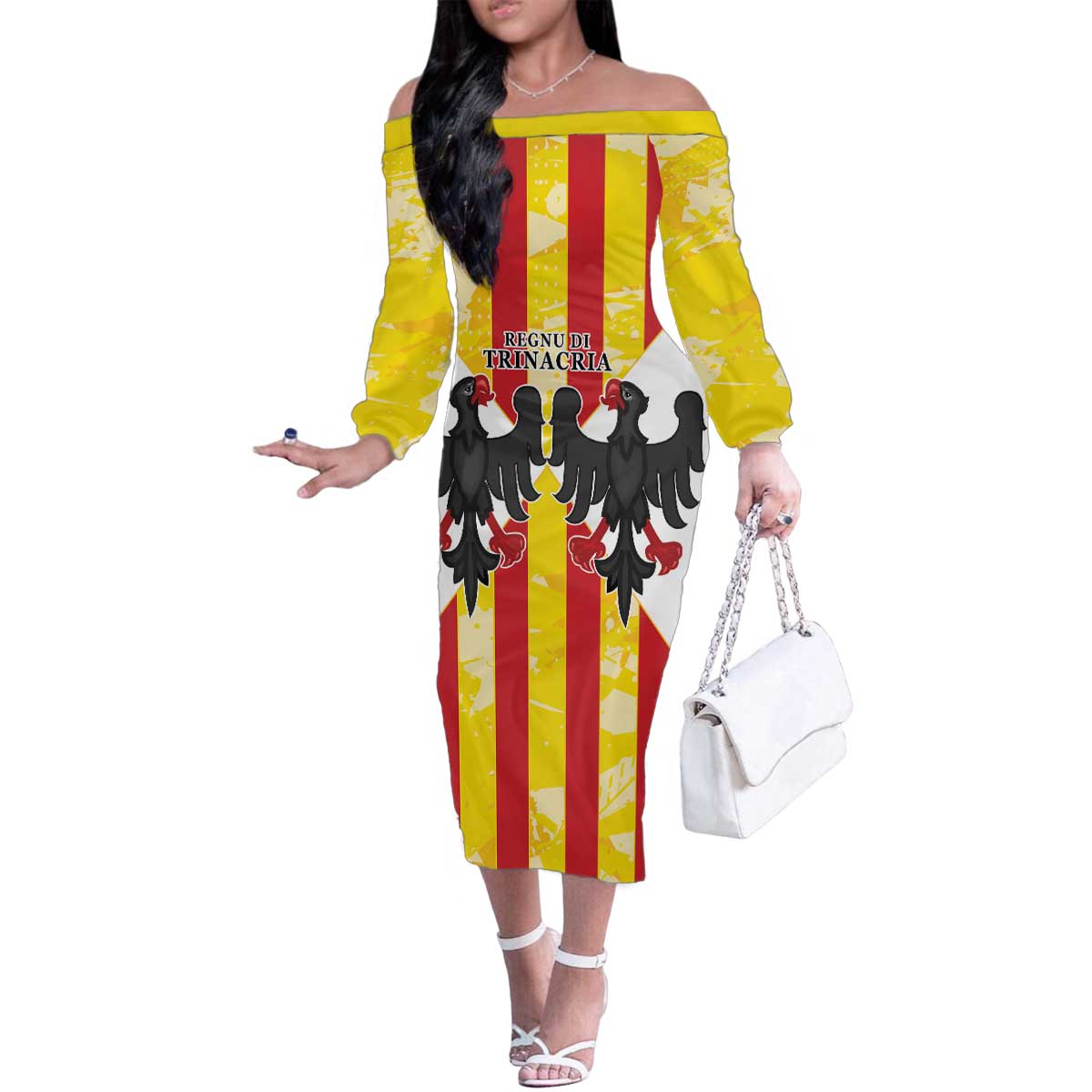 Kingdom of Trinacria Family Matching Off The Shoulder Long Sleeve Dress and Hawaiian Shirt Est 1282 Animus Tuus Dominus - Wonder Print Shop