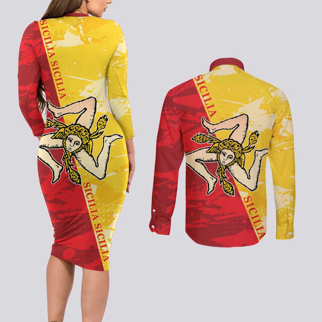 La Bandiera Regione Siciliana Couples Matching Long Sleeve Bodycon Dress and Long Sleeve Button Shirt LT9 - Wonder Print Shop